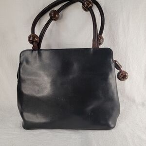 Vintage 70s Mangiameli Italian Leather Handbag Beaded Art Handles Black Mod
​